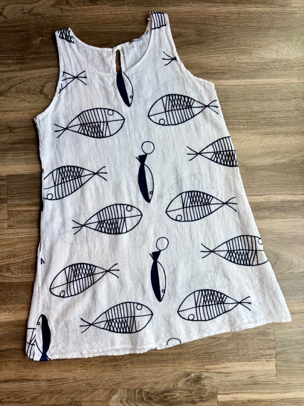 Vasna Italian Linen Embroidered Fish Coastal Lagenlook Shift Dress Large - Picture 2 of 10